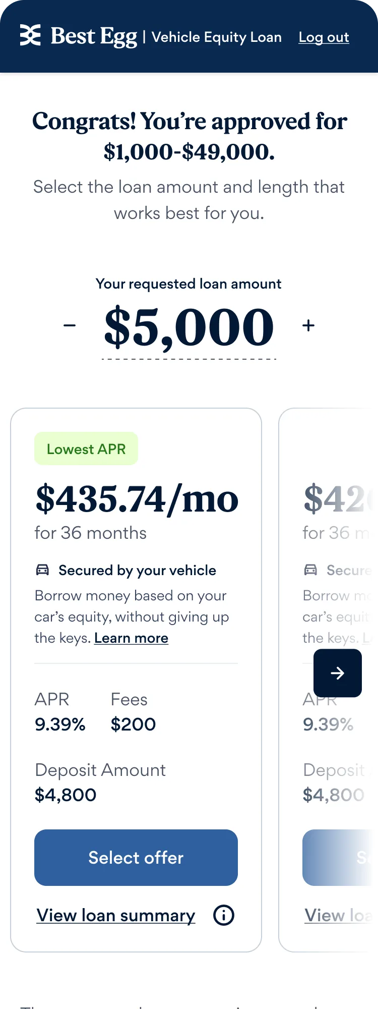 Secured-loan offer screen in the Best Egg app: Congrats, you're approved for a secured loan, with a loan amount selector and offer cards